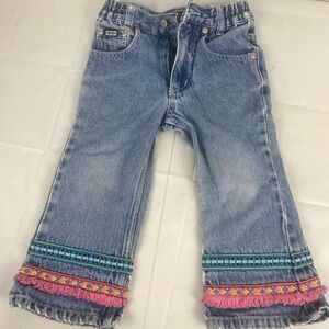 Vintage Nevada girls 2t Boho Ribbon fringe Trimmed Denim Jeans, Flare Leg